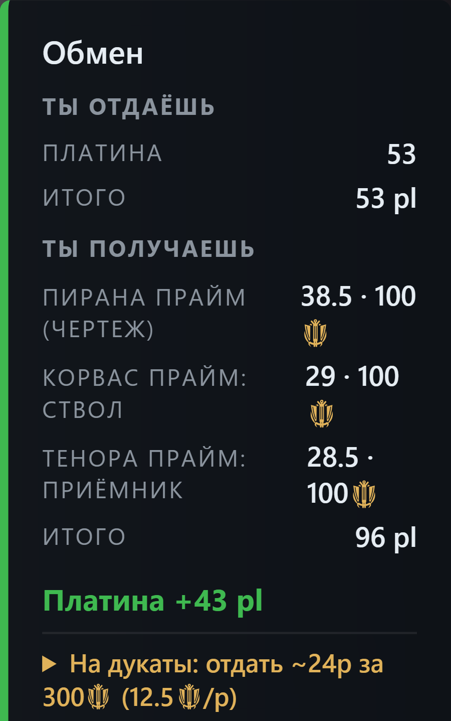 Карточка обмена: что отдаёшь, что получаешь, итог в платине