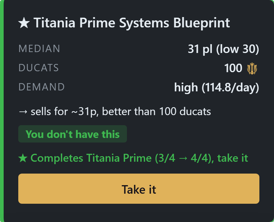 Prices and ducats on the relic reward screen.