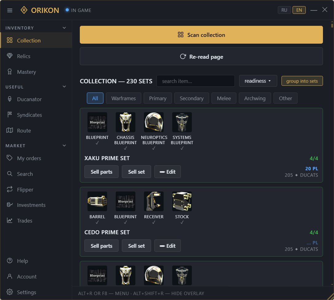 The collection in Orikon: which parts you own and which of them are vaulted.