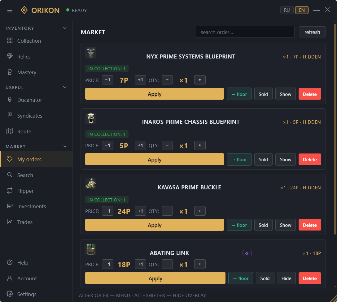 The My orders tab: your own warframe.market listings.