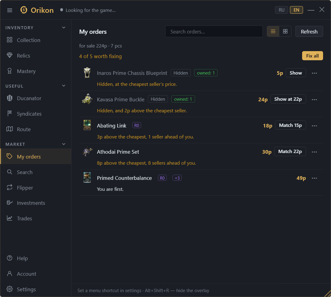 The My orders tab: your own warframe.market listings.